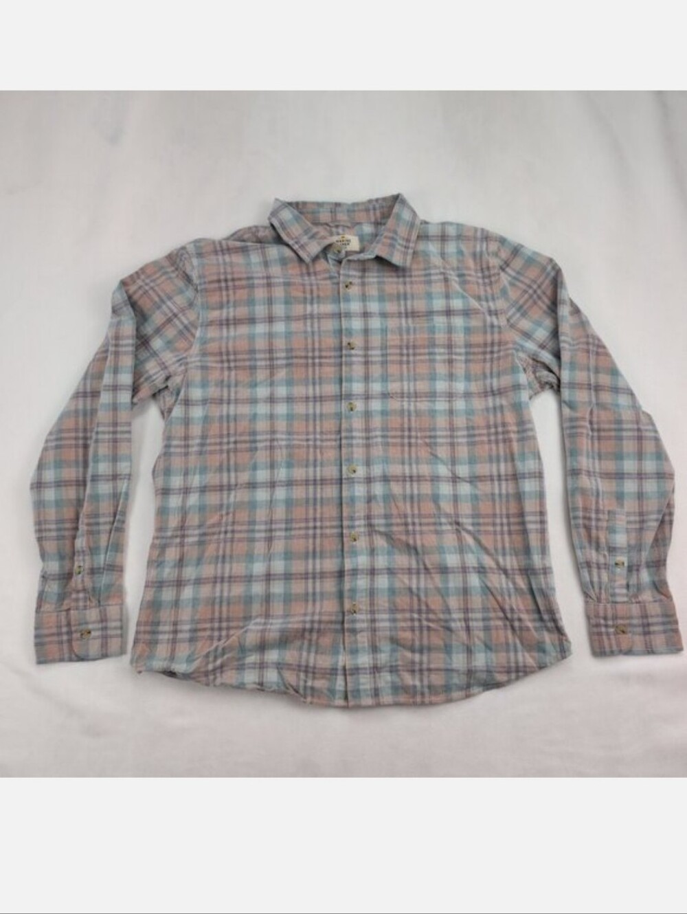 Marine Layer long-sleeve plaid button-down shirt in size Large.